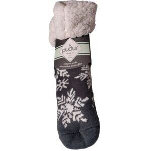 Pudus Slipper Socks Gray Snowflake Non-Slip Gripper NWT Approx 16" x 4"